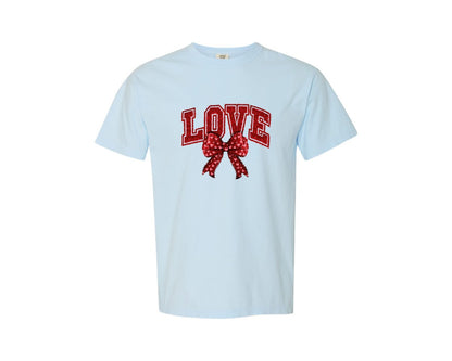 brand:Comfort Colors|color:Chambray|Knitted Coquette Love Bow Valentine Graphic T-Shirt