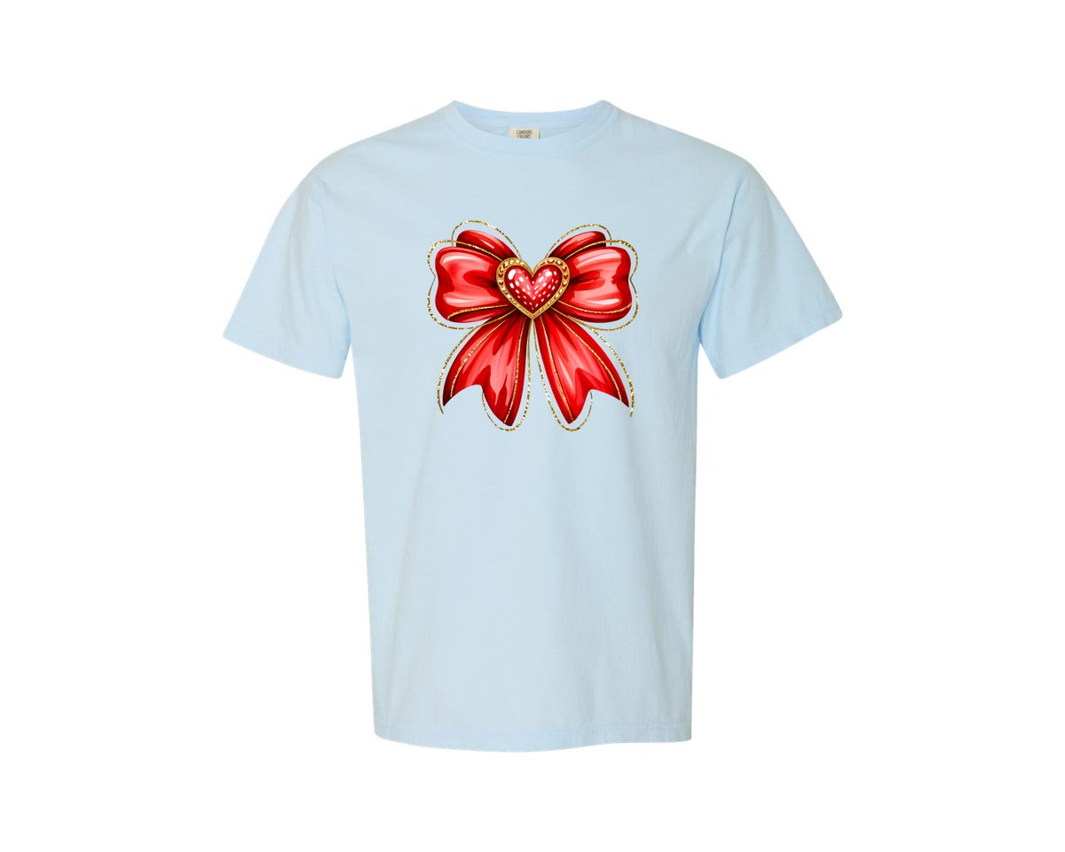 brand:Comfort Colors|color:Chambray|Valentine Coquette Glitter Heart Bow Graphic T-Shirt