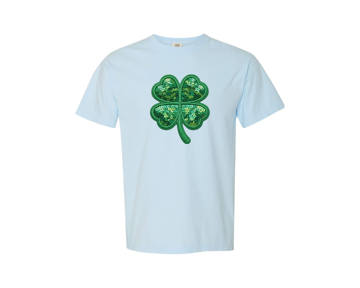 brand:Comfort Colors|color:Chambray|Sequin Shamrock Clover Graphic T-Shirt