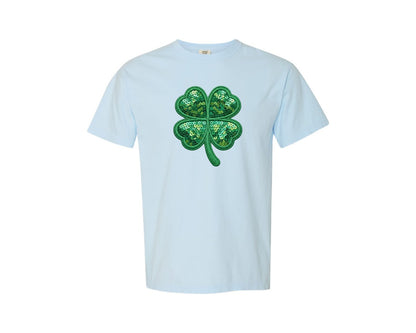 brand:Comfort Colors|color:Chambray|Sequin Shamrock Clover Graphic T-Shirt