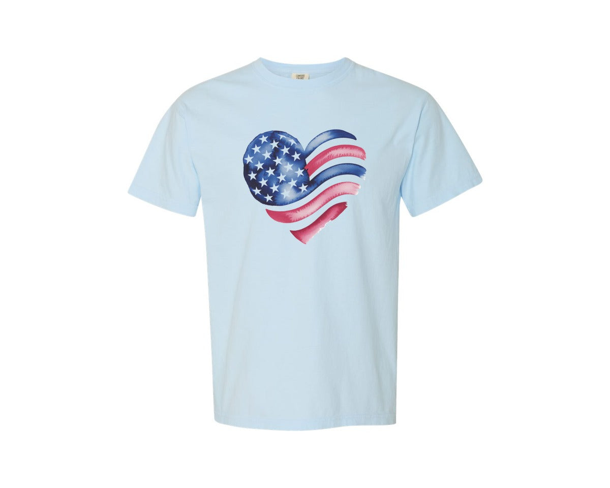 brand:Comfort Colors|color:Chambray|American Flag Heart 4Th Of July Graphic T-Shirt