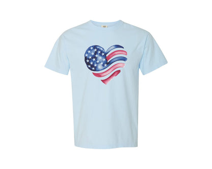 brand:Comfort Colors|color:Chambray|American Flag Heart 4Th Of July Graphic T-Shirt