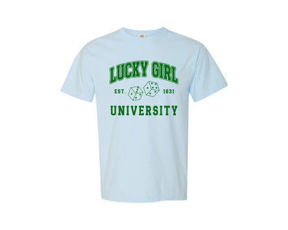 brand:Comfort Colors|color:Chambray|St Patricks Day Lucky Girl University Graphic T-Shirt