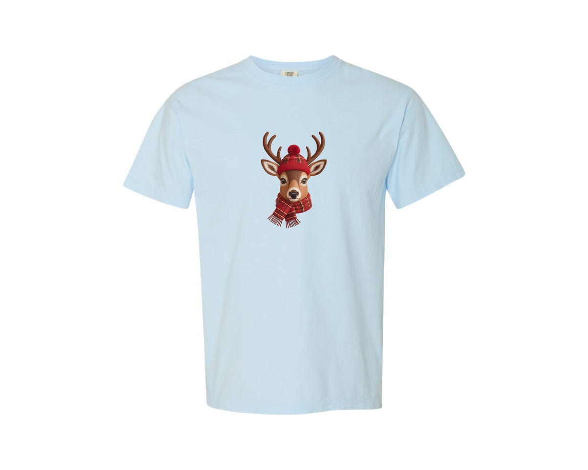 brand:Comfort Colors|color:Chambray|Cute Cozy Reindeer Embroidery Graphic T-Shirt
