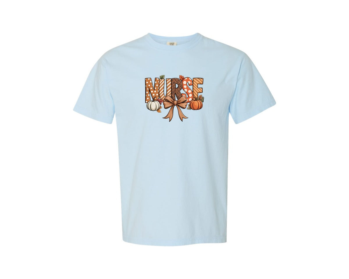 brand:Comfort Colors|color:Chambray|Fall Nurse Autumn Coquette Pumpkin Vibes Graphic T-Shirt