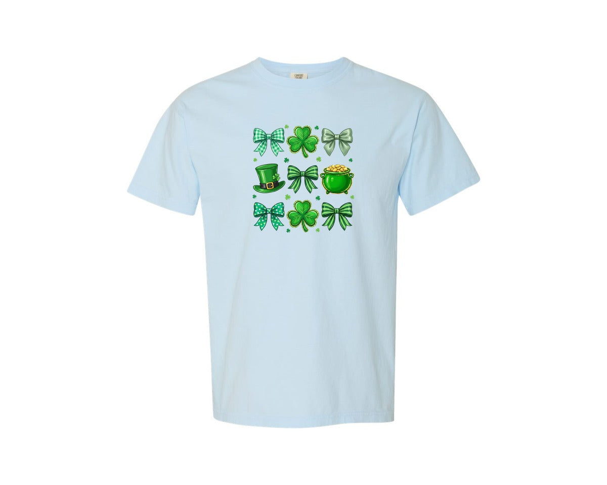 brand:Comfort Colors|color:Chambray|Shamrock Bows Leprechaun Hat Graphic T-Shirt