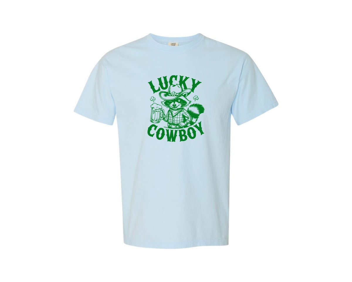 brand:Comfort Colors|color:Chambray|Lucky Cowboy Funny St Patricks Day Graphic T-Shirt