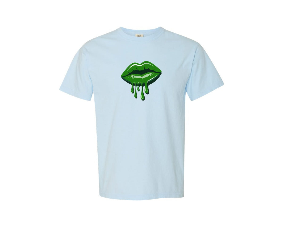 brand:Comfort Colors|color:Chambray|Green Dripping Lips St Patricks Graphic T-Shirt