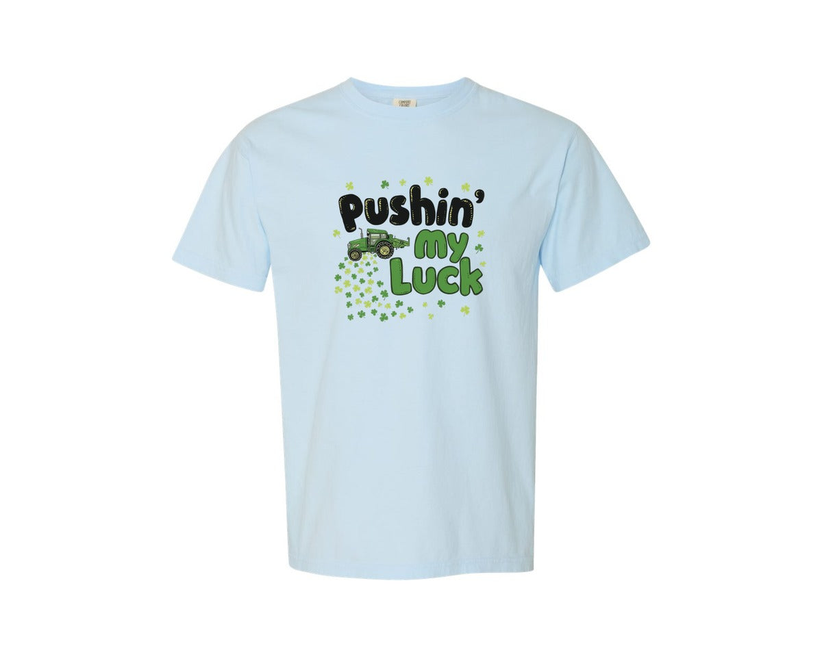 brand:Comfort Colors|color:Chambray|Pushin My Luck St Patricks Day Graphic T-Shirt