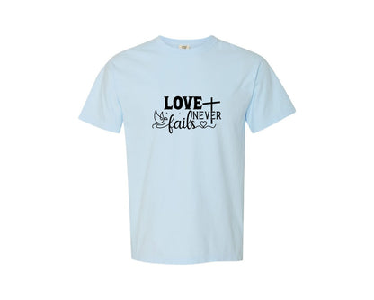 brand:Comfort Colors|color:Chambray|Love Never Fails Sleeve Svgbible Quotes Graphic T-Shirt