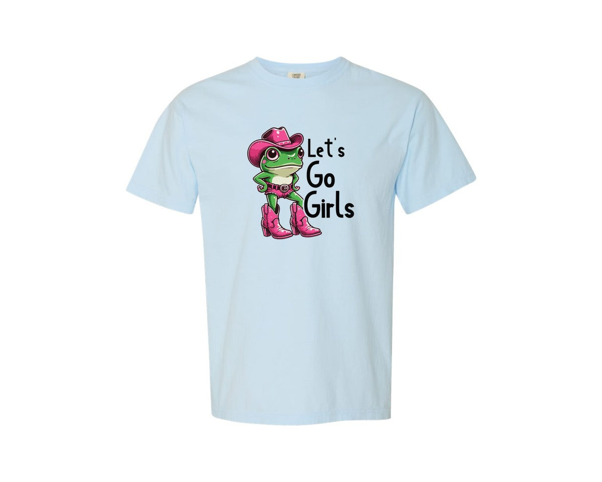 brand:Comfort Colors|color:Chambray|Funny Frog Lets Go Girls Pink Graphic T-Shirt