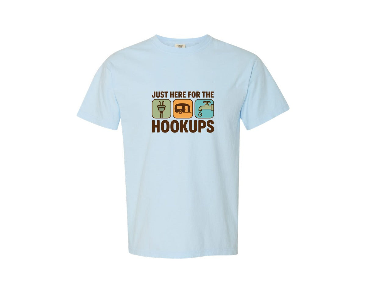 brand:Comfort Colors|color:Chambray|Just Here For The Hookups Rv Camping Graphic T-Shirt