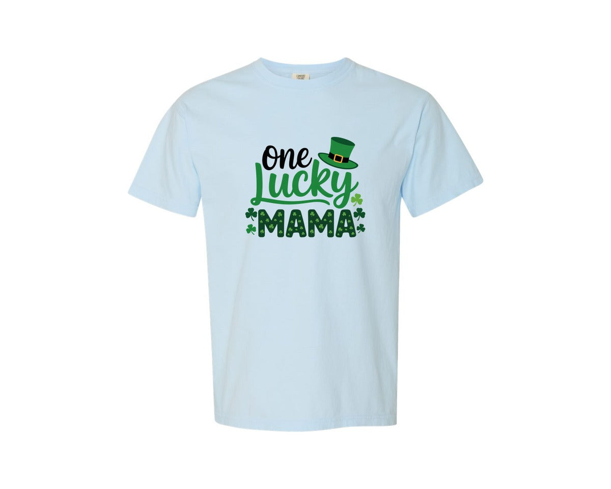 brand:Comfort Colors|color:Chambray|One Lucky Mama Shirt Womens St Patricks Graphic T-Shirt