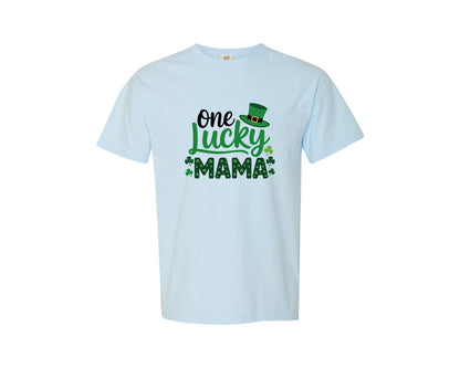 brand:Comfort Colors|color:Chambray|One Lucky Mama Shirt Womens St Patricks Graphic T-Shirt