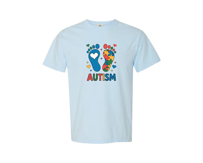 brand:Comfort Colors|color:Chambray|Autism Footprints Puzzle Foot Graphic T-Shirt