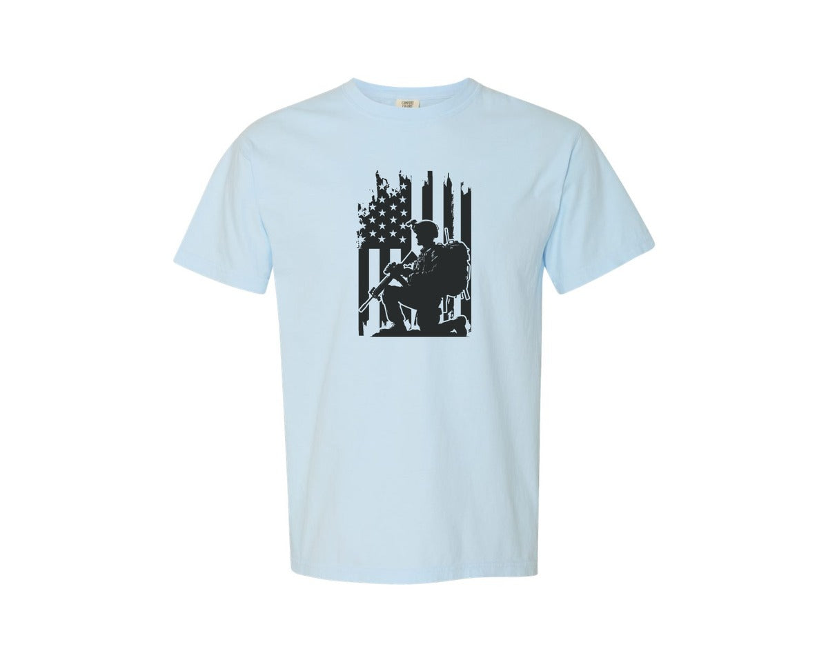 brand:Comfort Colors|color:Chambray|Us Soldier With American Flag Design 17 Graphic T-Shirt