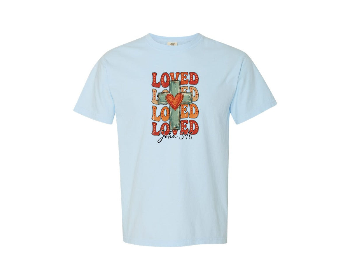 brand:Comfort Colors|color:Chambray|Loved Cross With Heart Valentine Day Graphic T-Shirt