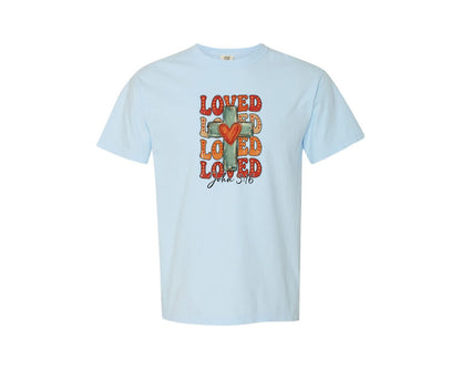 brand:Comfort Colors|color:Chambray|Loved Cross With Heart Valentine Day Graphic T-Shirt