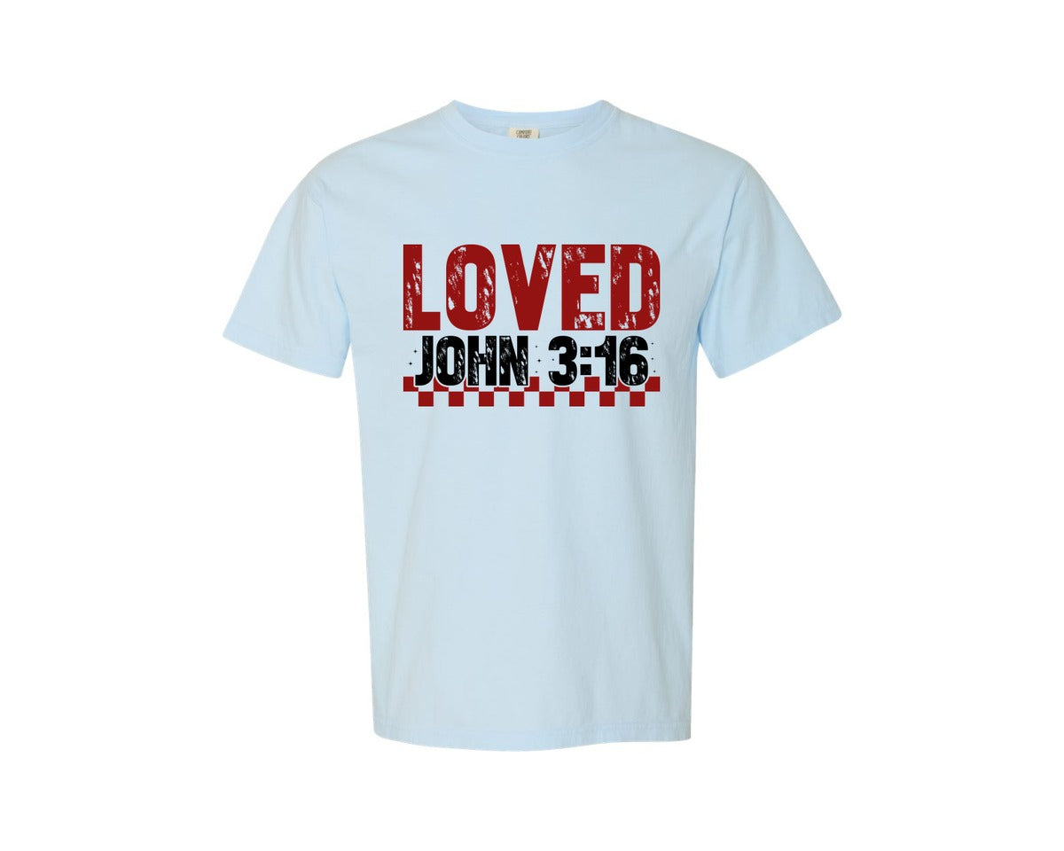 brand:Comfort Colors|color:Chambray|Christian Valentines Loved John 316 2 Graphic T-Shirt
