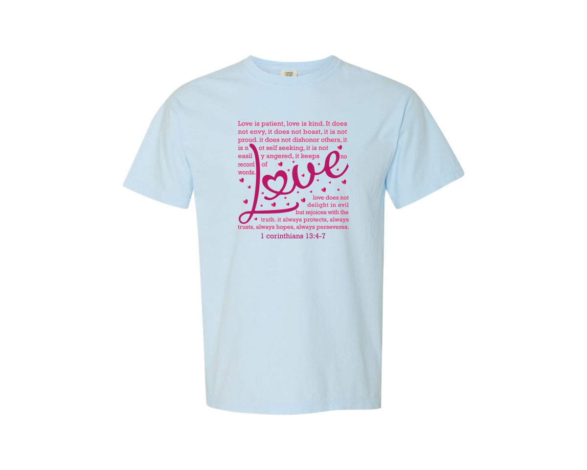 brand:Comfort Colors|color:Chambray|Love Is Patient Valentine Heart 12 Graphic T-Shirt