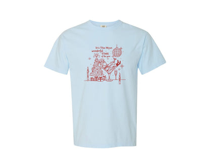 brand:Comfort Colors|color:Chambray|Funny Christmas Martini Glass Santa Graphic T-Shirt