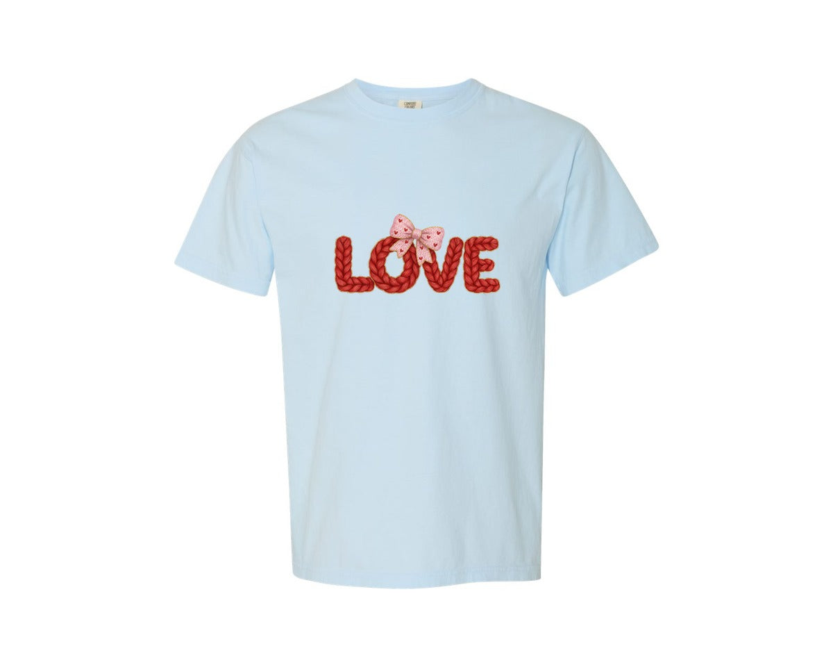 brand:Comfort Colors|color:Chambray|Faux Yarn Crochet Love Valentines Day 21 Graphic T-Shirt