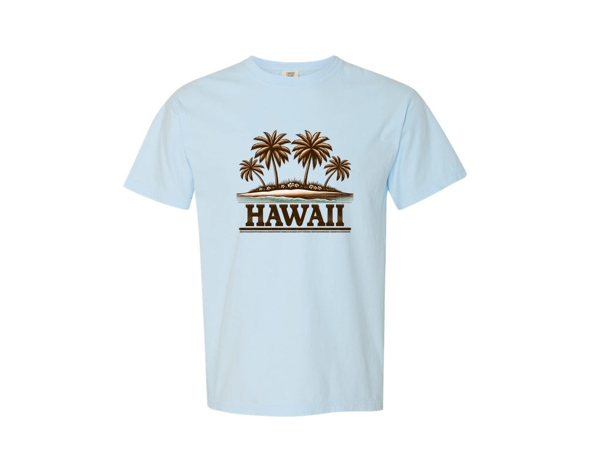 brand:Comfort Colors|color:Chambray|Retro Hawaii Palm Tree Graphic T-Shirt