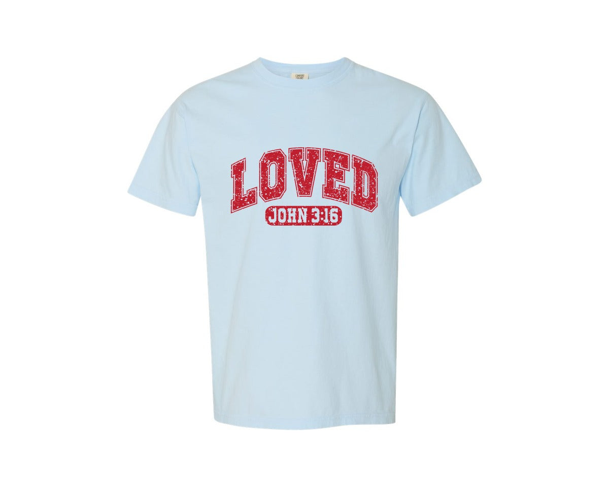 brand:Comfort Colors|color:Chambray|Loved John 316 Christian Valentine Graphic T-Shirt