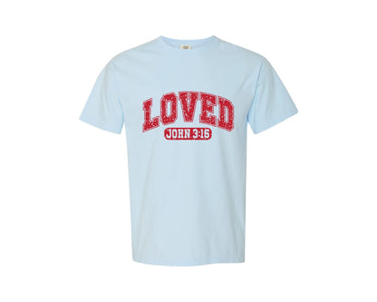 brand:Comfort Colors|color:Chambray|Loved John 316 Christian Valentine Graphic T-Shirt