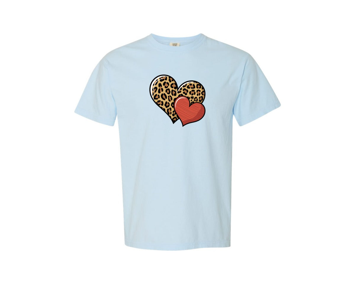 brand:Comfort Colors|color:Chambray|Leopard Print Red Heart Graphic T-Shirt
