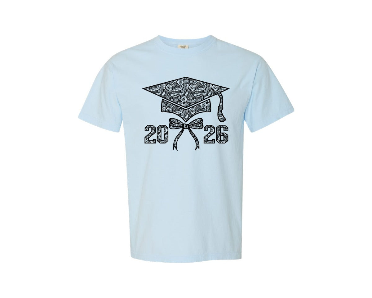 brand:Comfort Colors|color:Chambray|2026 Graduation Cap With Coquette Bow Graphic T-Shirt
