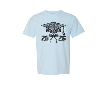 brand:Comfort Colors|color:Chambray|2026 Graduation Cap With Coquette Bow Graphic T-Shirt