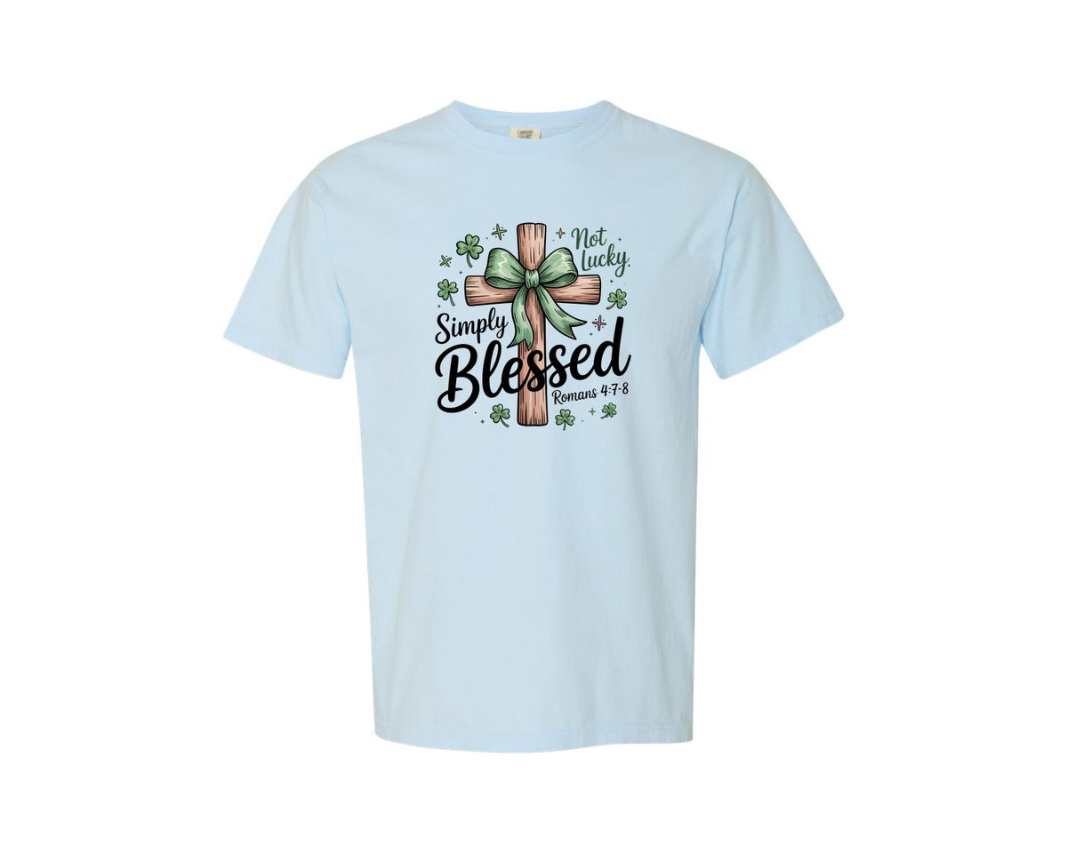 brand:Comfort Colors|color:Chambray|Not Lucky Simply Blessed Roman 47 8 5 Graphic T-Shirt
