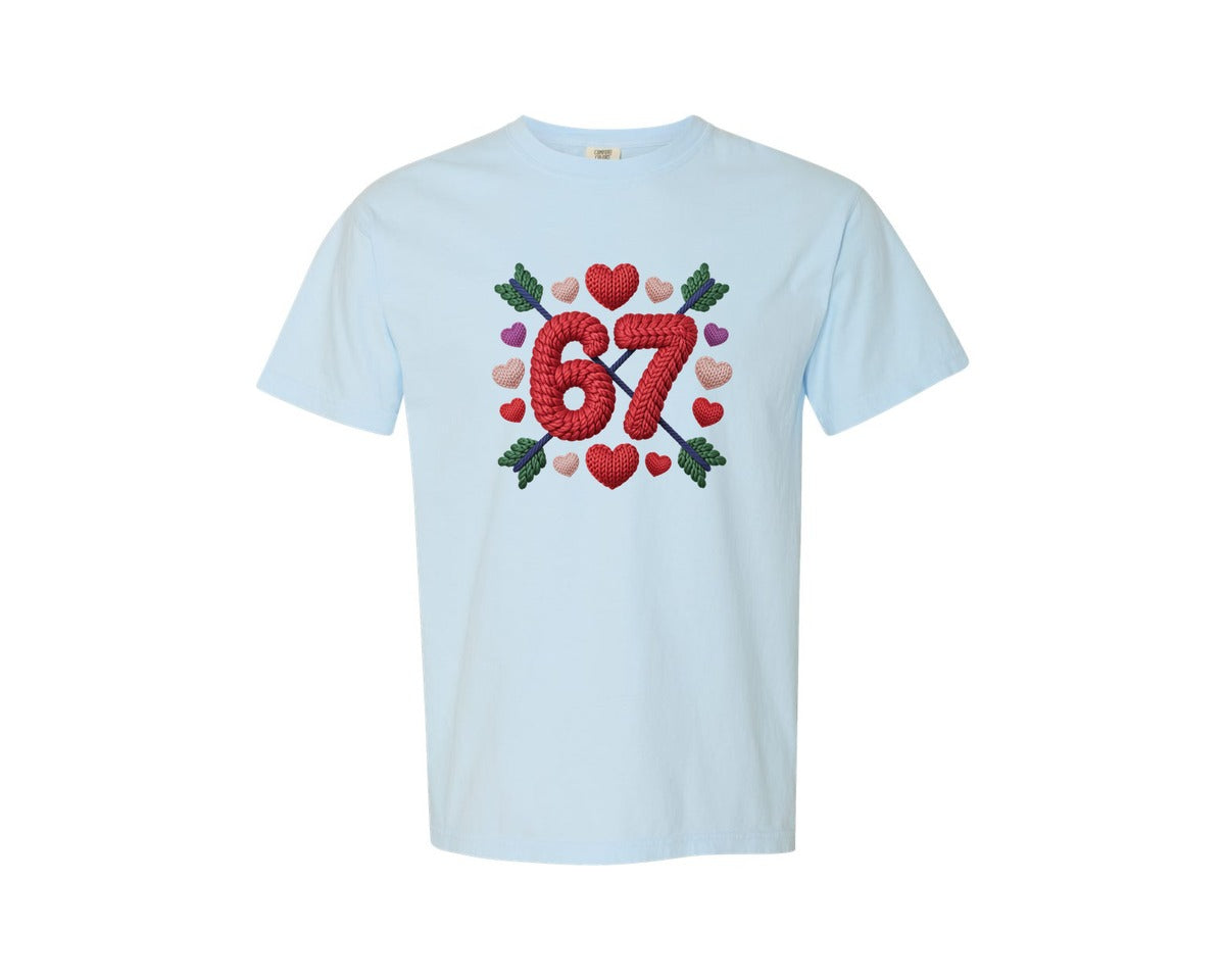 brand:Comfort Colors|color:Chambray|Faux Yarn 67 Valentine Embroidery Graphic T-Shirt
