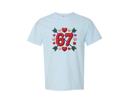 brand:Comfort Colors|color:Chambray|Faux Yarn 67 Valentine Embroidery Graphic T-Shirt