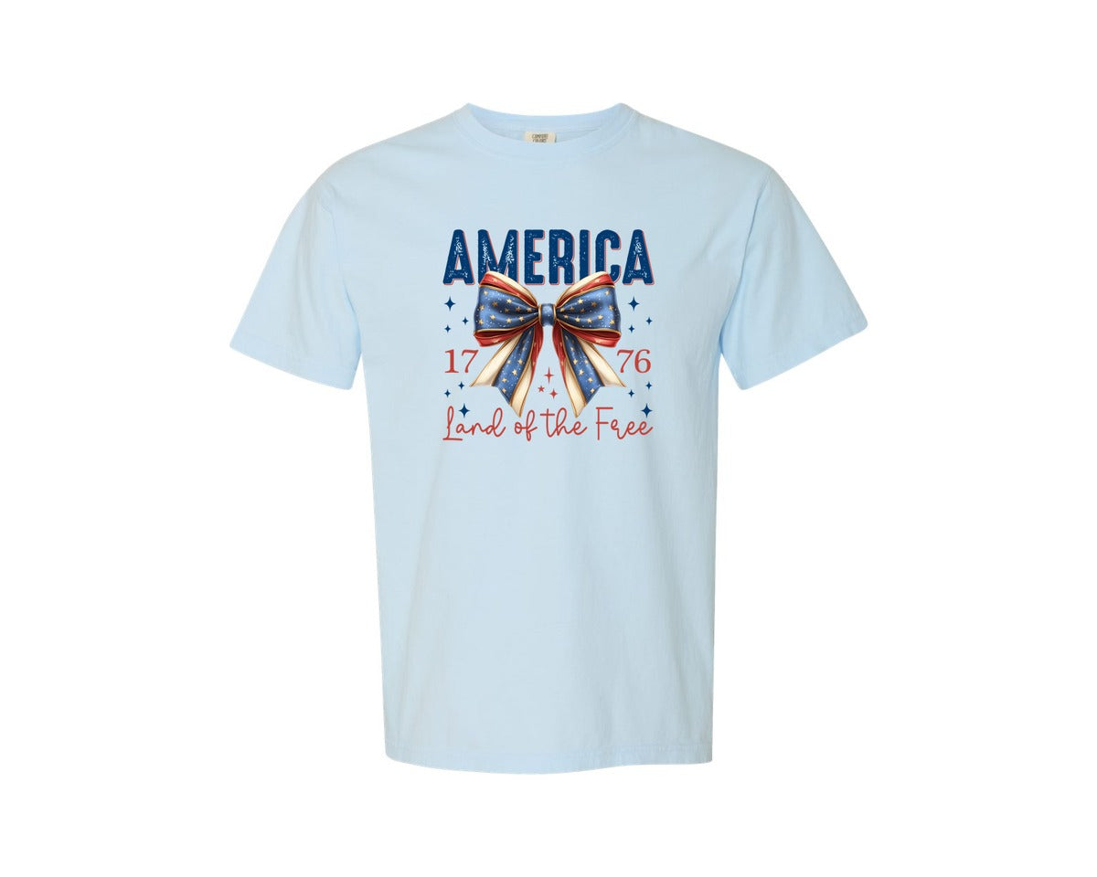 brand:Comfort Colors|color:Chambray|America Bow Land Of The Free Graphic T-Shirt