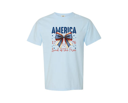 brand:Comfort Colors|color:Chambray|America Bow Land Of The Free Graphic T-Shirt