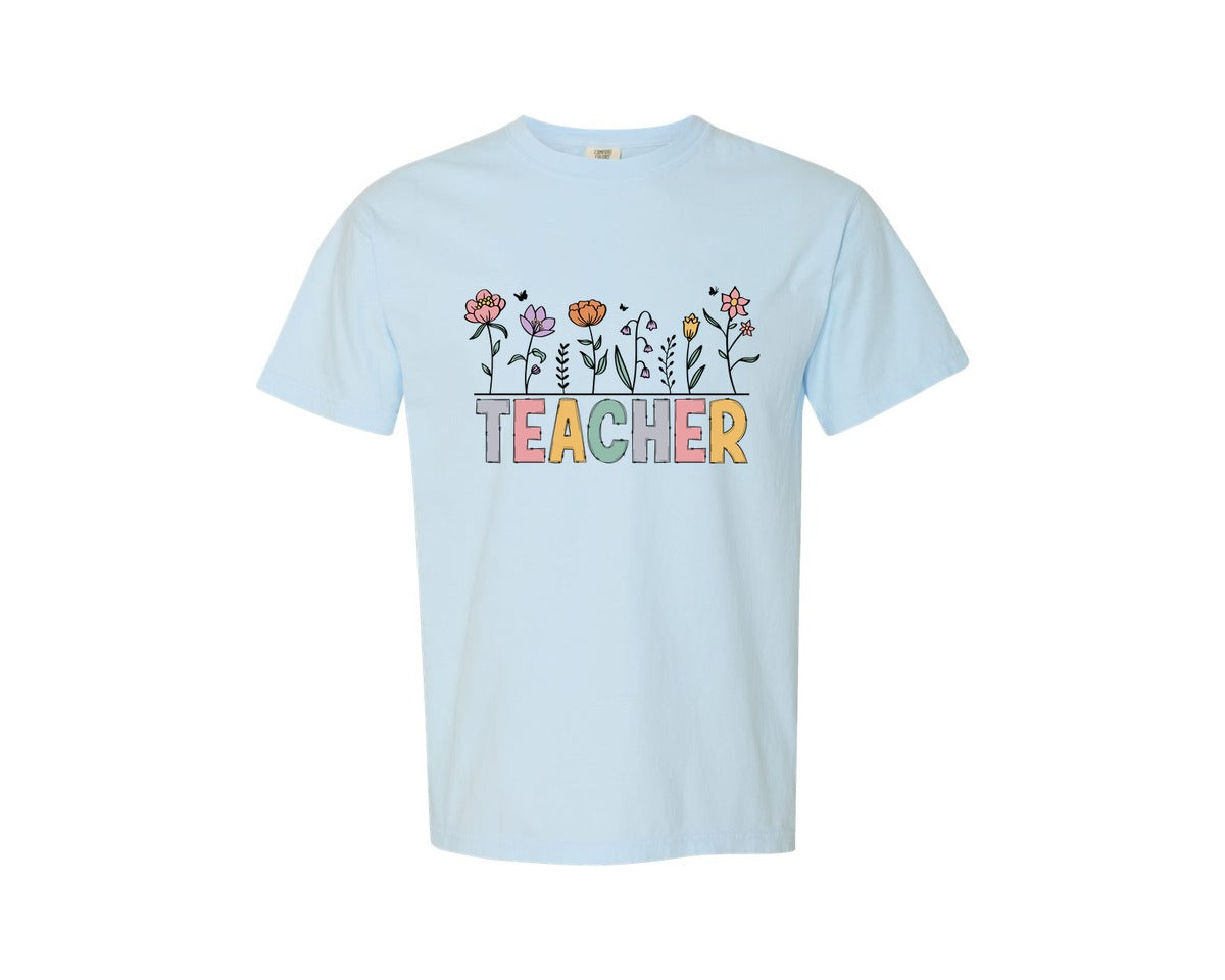 brand:Comfort Colors|color:Chambray|Retro Teacher Floral Wildflower 2 Graphic T-Shirt