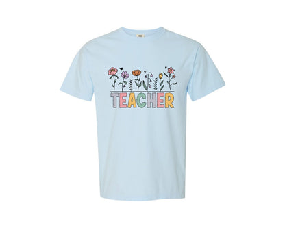 brand:Comfort Colors|color:Chambray|Retro Teacher Floral Wildflower 2 Graphic T-Shirt