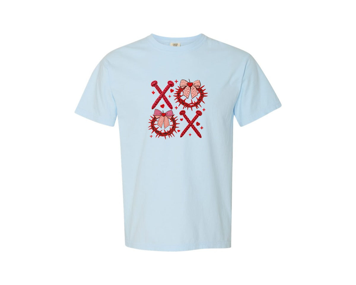 brand:Comfort Colors|color:Chambray|Yarn Crochet Xoxo Valentine Jesus Graphic T-Shirt