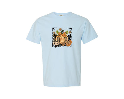brand:Comfort Colors|color:Chambray|Floral Leopard Fall Pumpkin Graphic T-Shirt