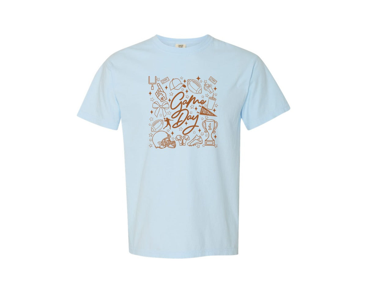 brand:Comfort Colors|color:Chambray|Game Day Football Doodles Graphic T-Shirt