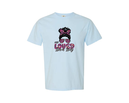 brand:Comfort Colors|color:Chambray|One Loved Lunch Lady Messy Bun Sunglasse Graphic T-Shirt