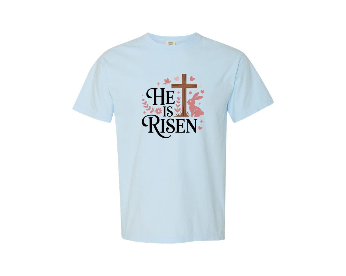 brand:Comfort Colors|color:Chambray|He Is Risen Minimal Cross Easter Graphic T-Shirt
