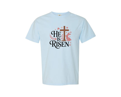 brand:Comfort Colors|color:Chambray|He Is Risen Minimal Cross Easter Graphic T-Shirt