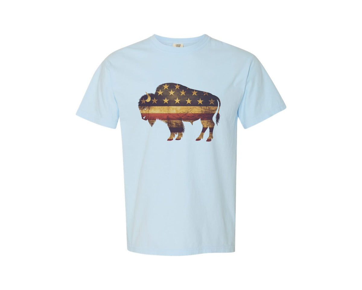 brand:Comfort Colors|color:Chambray|American Bison Patriotic Usa Flag 4 Graphic T-Shirt
