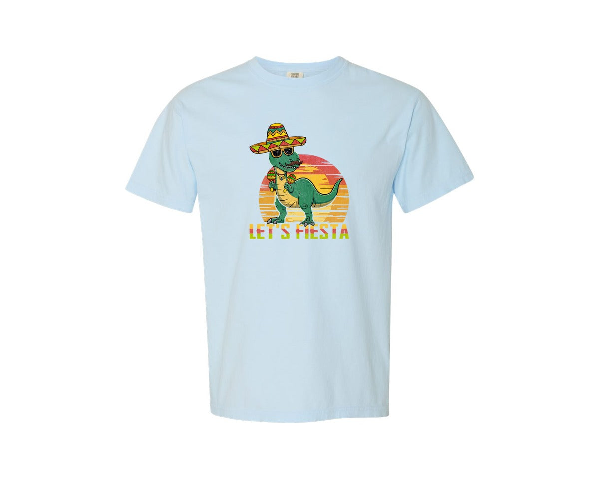 brand:Comfort Colors|color:Chambray|Lets Fiesta Dinosaur Cinco De Mayo Graphic T-Shirt