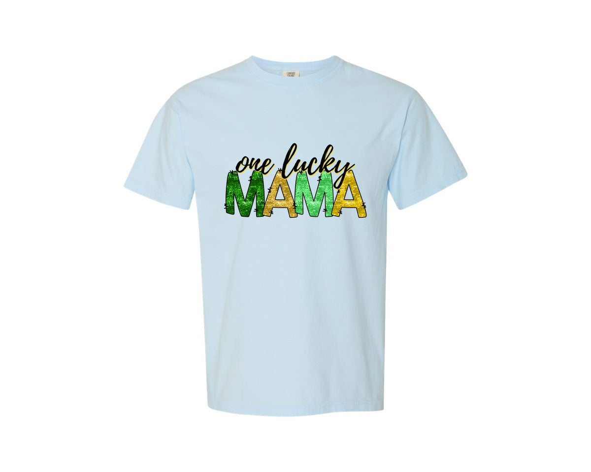 brand:Comfort Colors|color:Chambray|Sequin One Lucky Mama Sleeve Graphic T-Shirt
