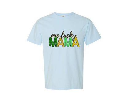 brand:Comfort Colors|color:Chambray|Sequin One Lucky Mama Sleeve Graphic T-Shirt