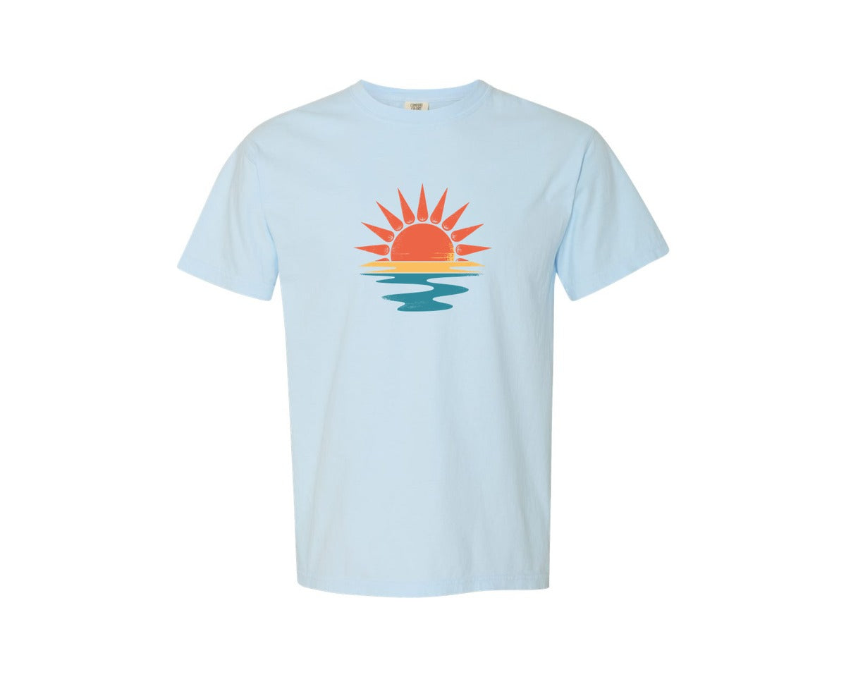 brand:Comfort Colors|color:Chambray|Retro Sunset Rays Wavy Shirt Graphic T-Shirt